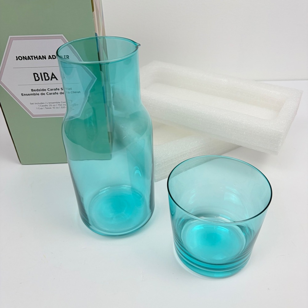 Jonathan Adler Biba Bedside Carafe Set Turquoise Blue Glass 25oz Carafe 10oz Cup